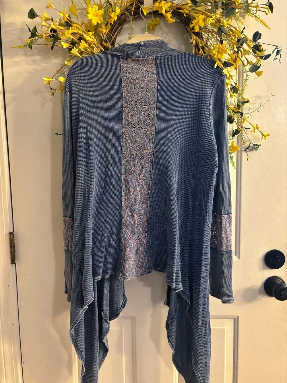 Indigo Thread Co. Blue Thermal Knit Cardigan with Lace Detail Back and Sleeves - Picture 3 of 3